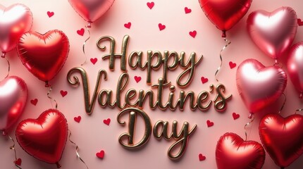 Happy valentines day with red and pink heart balloons and confetti