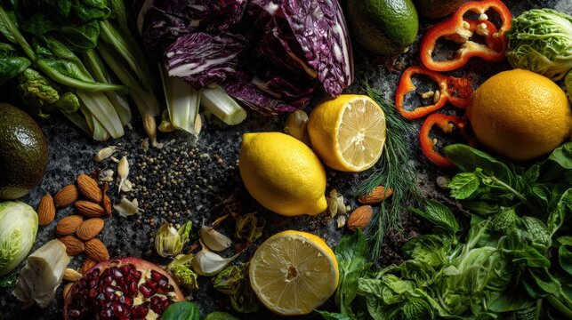 Assorted fresh produce and ingredients arranged on a dark surface.