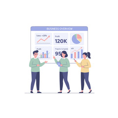 Fototapeta premium Three Diverse Professionals Collaborating on Data Analytics and Business Growth Strategy Using Laptops and Interactive Dashboards in a Modern Office Setting