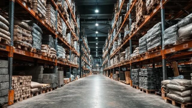 construction retail warehouse interior with shelves organized and filled with essential building materials including bricks, cement, plasterboard and tiles ready for sale and renovation projects