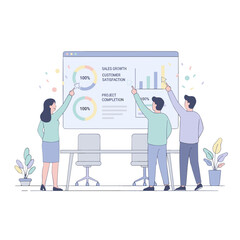 Three professionals analyze sales marketing and financial data dashboards on a presentation screen with charts and graphs in a minimalist flat vector style