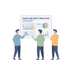 Three Professionals Analyze Sales Metrics Report With Pie Chart and Line Graphs on a Whiteboard in a Modern Office Setting
