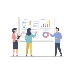 Three Professionals Analyzing Marketing Performance Data Charts and Graphs on a Whiteboard in a Clean Flat Design Style with Minimalist Elements and Subtle Lighting