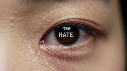 Close-up of human eye with "HATE" text reflected, used for social commentary concepts