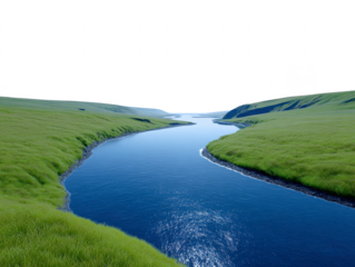 River flowing through lush green valley, clear blue water reflecting sunlight, peaceful natural landscape, serene outdoor scene, vibrant grass, calm and tranquil atmosphere