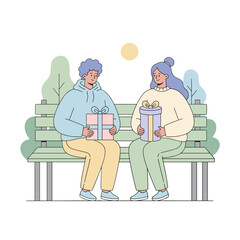 Two diverse young adults exchange colorful gifts while sitting on a park bench on a sunny day surrounded by stylized trees and a pale yellow sun overhead representing friendship and giving