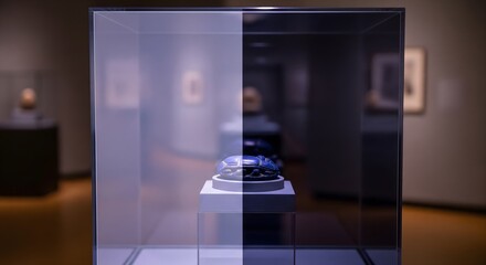 Mesmerizing artifact presented in a luminous museum display, where the interplay of light, shadow, and reflection creates an intriguing visual experience