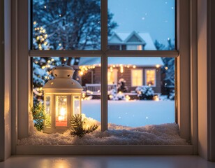 A cozy white lantern with a lit candle on a snowy windowsill, looking out at a festive house decorated with warm lights in a winter wonderland.