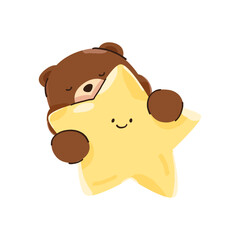 Cute baby bear sleeping and hugging the stars. hand drawn.