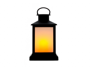 Vintage lantern with glowing warm yellow light, black metal frame, classic rectangular shape, isolated on transparent background, evokes cozy and nostalgic atmosphere for home or outdoor decor
