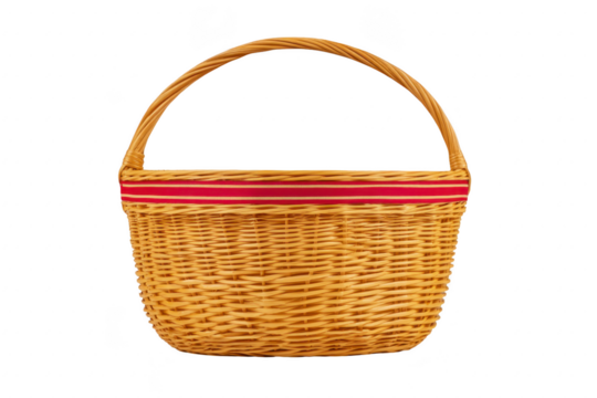 Wicker basket handle red stripe empty natural woven round rustic storage decorative isolated traditional picnic container home craft handmade lightweight portable classic simple clean versatile