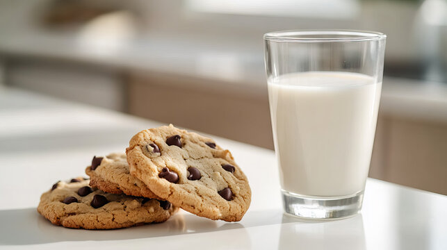 three chocolate chip cookies with a refreshing glass of milk in kitchen table with copy space for National Cookie Day, Chocolate Chip Cookie Week, Cookie Exchange Day, Homemade Cookies Day - Powered by Adobe