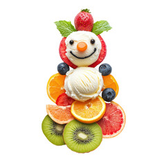 Smiling snowman made of ice cream scoops and fruit slices ultra realistic on transparent background