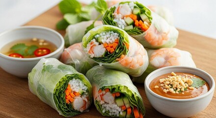 Fresh spring rolls with dipping sauce, cut in half to show ingredients