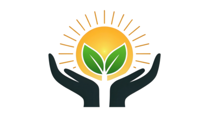 Hands cupping a green plant sprout under a radiant sun for growth and care. isolated on white background