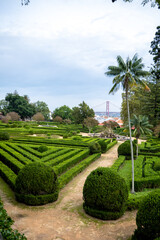 Rooftops and 25 de Abril Bridge above hedges in Belem Lisbon Portugal