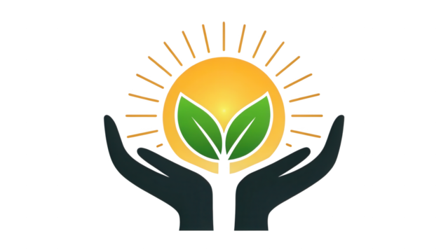 Hands cupping a green plant sprout under a radiant sun for growth and care. isolated on white background