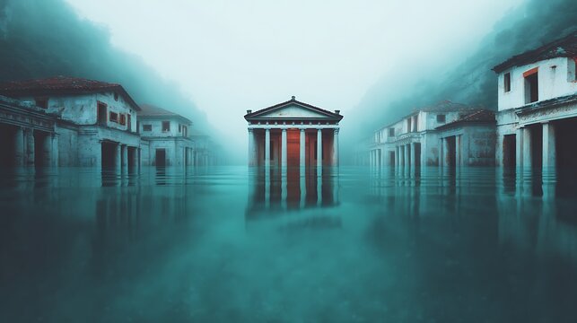 A serene, misty scene of submerged ancient buildings, with a prominent temple structure rising above calm waters, evoking a sense of mystery and tranquility.