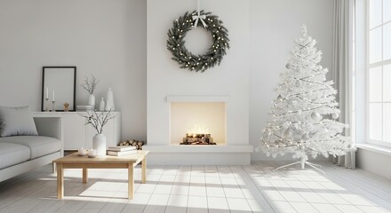 minimalist white christmas living room with fireplace 