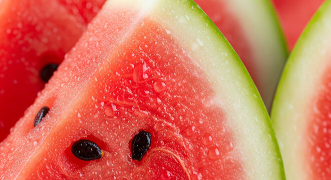 Stacked Watermelon Slices Showing Vibrant Red Flesh and Green Rind
An extreme close-up, high-detail macro photograph showcasing multiple overlapping slices of fresh, ripe watermelon