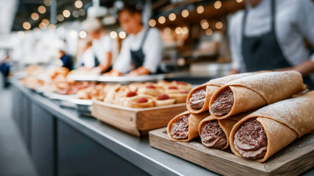 Traditional Czech Trdelnik displayed on a wooden board in a bustling bakery with copy space and warm ambient lighting enhancing the scene