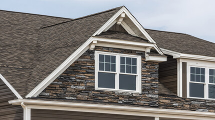 Obraz premium Exterior view of house featuring brown roof, stone cladding, and windows, showcasing suburban design with ample copy space for text