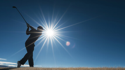 Golfer swinging club under bright sky with lens flare, ball mid-flight across green grass, showcasing dynamic action and copy space
