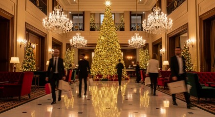 luxurious hotel lobby with christmas decor at night