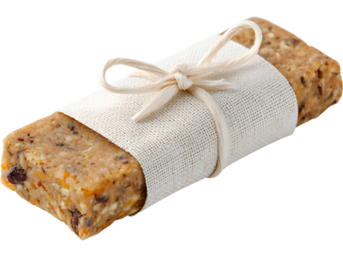 Healthy granola energy bar wrapped in white paper isolated on transparent background, representing natural nutrition and snack food.