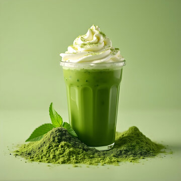 Iced matcha latte with whipped cream and matcha powder on green background