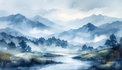 Misty Mountains and Serene River Landscape Painting