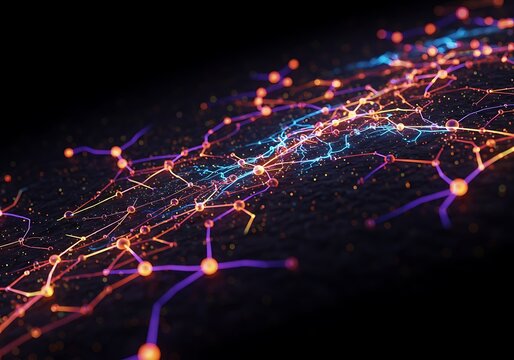 Abstract technology background showing glowing network connections and data flow, concept of AI or blockchain
