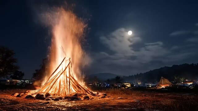 Large bonfire burning brightly under moonlit sky at night
