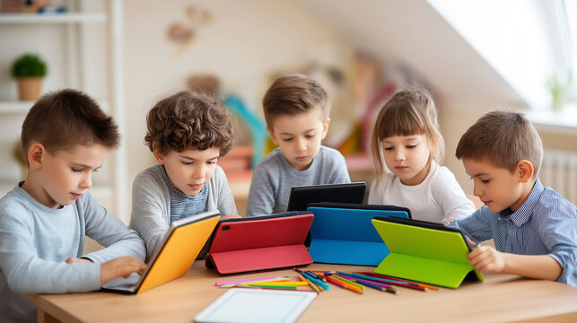 Children collaborating on digital art project in colorful learning space, engaging with tablets and vibrant materials, fostering creativity and teamwork