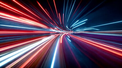 Vibrant red and blue light trails forming a futuristic tunnel with speed blur effect - Powered by Adobe