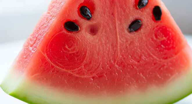 Extreme Close-Up of Fresh Watermelon Slice with Black Seeds
A vibrant, high-magnification close-up shot of a triangular slice of fresh watermelon. The deep red, juicy flesh is the focal point