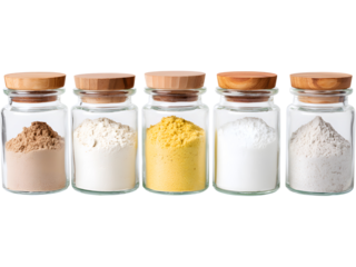Set of glass jars with powders isolated on transparent background, representing natural ingredients and sustainable storage.