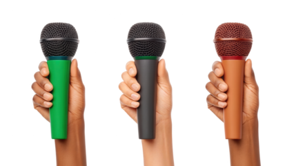 Diverse hands holding various colored microphones, studio shot isolated on white background