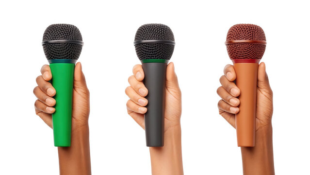 Diverse hands holding various colored microphones, studio shot isolated on white background - Powered by Adobe