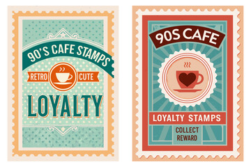 90s café loyalty stamp, cute retro icon, distressed stamping texture