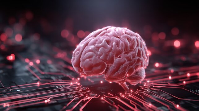 Futuristic Brain on Circuit Board, Merging Technology and Neuroscience, Illuminate with Red Lights, Concept of AI, Neural Networks, Digital Innovation