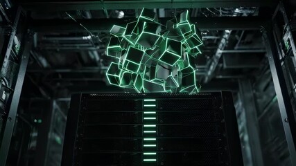 Futuristic Abstract Geometric Energy Cluster In Dark Industrial Setting. - Powered by Adobe