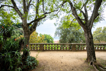 Fototapeta premium View through trees to garden and river in Belem, Lisbon, Portugal