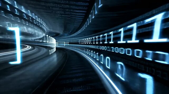 Dynamic binary code tunnel depicting data flow and speed in a digital environment