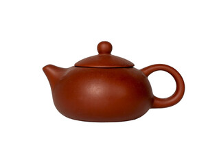 Chinese teapot. Red clay ceramic pot with handle and lid, traditional Asian design for serving hot