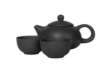 Teapot with cups. Chinese clay ceramic pot with two matching teacups, traditional Asian design for