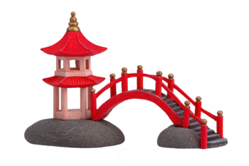 Red pagoda arched bridge stone base miniature Asian style decorative traditional peaceful ornamental architecture evokes tranquility and cultural charm