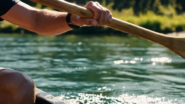 Person Rowing Boat on River, Water Splashing, Close Up