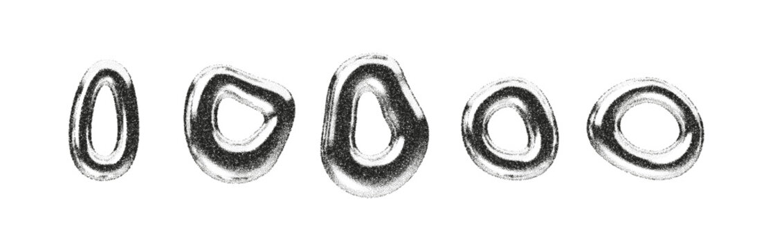 Abstract 3D chrome shapes with grain texture and liquid gradient effect. Metallic halftone elements in silver and black tones. Modern geometric vector design for futuristic or retro Y2K art projects