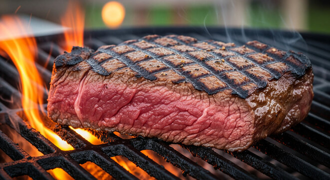 Thick, Juicy Steak Grilling Over Intense Open Flames on Barbecue
A dramatic, close-up image of a thick-cut beef steak, perfectly seared with diamond grill marks